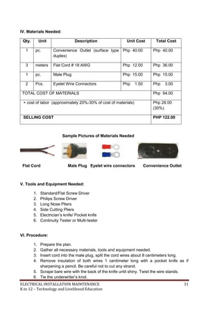 ELECTRICAL INSTALLATION MAINTENANCE 31
K to 12 – Technology and Livelihood Education
IV. Materials Needed:
Qty. Unit Description Unit Cost Total Cost
1 pc. Convenience Outlet (surface type
duplex)
Php 40.00 Php 40.00
3 meters Flat Cord # 18 AWG Php 12.00 Php 36.00
1 pc. Male Plug Php 15.00 Php 15.00
2 Pcs. Eyelet Wire Connectors Php 1.50 Php 3.00
TOTAL COST OF MATERIALS Php 94.00
+ cost of labor (approximately 20%-30% of cost of materials) Php 28.00
(30%)
SELLING COST PHP 122.00
Sample Pictures of Materials Needed
Flat Cord Male Plug Eyelet wire connectors Convenience Outlet
V. Tools and Equipment Needed:
1. Standard/Flat Screw Driver
2. Philips Screw Driver
3. Long Nose Pliers
4. Side Cutting Pliers
5. Electrician’s knife/ Pocket knife
6. Continuity Tester or Multi-tester
VI. Procedure:
1. Prepare the plan.
2. Gather all necessary materials, tools and equipment needed.
3. Insert cord into the male plug, split the cord wires about 8 centimeters long.
4. Remove insulation of both wires 1 centimeter long with a pocket knife as if
sharpening a pencil. Be careful not to cut any strand.
5. Scrape bare wire with the back of the knife until shiny. Twist the wire stands.
6. Tie the underwriter’s knot.
 