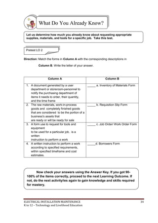 ELECTRICAL INSTALLATION MAINTENANCE 34
K to 12 – Technology and Livelihood Education
Direction: Match the forms in Column A with the corresponding descriptions in
Column B. Write the letter of your answer.
Column A Column B
1. A document generated by a user
department or storeroom-personnel to
notify the purchasing department of
items it needs to order, their quantity,
and the time frame
_____ a. Inventory of Materials Form
2. The raw materials, work-in-process
goods and completely finished goods
that are considered to be the portion of a
business's assets that
are ready or will be ready for sale
_____ b. Requisition Slip Form
3. A form use to request for tools and
equipment
to be used for a particular job. is a
written
instruction to perform a work
_____ c. Job Order/ Work Order Form
4. A written instruction to perform a work
according to specified requirements,
within specified timeframe and cost
estimates.
_____d. Borrowers Form
What Do You Already Know?
Pretest LO 2
Let us determine how much you already know about requesting appropriate
supplies, materials, and tools for a specific job. Take this test.
Now check your answers using the Answer Key. If you got 90-
100% of the items correctly, proceed to the next Learning Outcome. If
not, do the next activity/ies again to gain knowledge and skills required
for mastery.
 