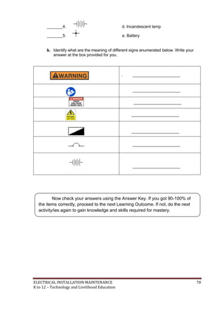 ELECTRICAL INSTALLATION MAINTENANCE 78
K to 12 – Technology and Livelihood Education
_______4. d. Incandescent lamp
_______5. e. Battery
b. Identify what are the meaning of different signs enumerated below. Write your
answer at the box provided for you.
. _____________________
_____________________
_____________________
_____________________
_____________________
_____________________
_____________________
Now check your answers using the Answer Key. If you got 90-100% of
the items correctly, proceed to the next Learning Outcome. If not, do the next
activity/ies again to gain knowledge and skills required for mastery.
 