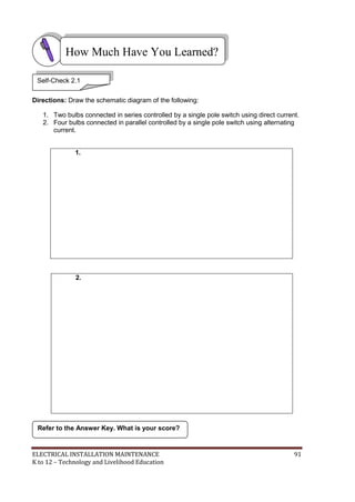 ELECTRICAL INSTALLATION MAINTENANCE 91
K to 12 – Technology and Livelihood Education
Directions: Draw the schematic diagram of the following:
1. Two bulbs connected in series controlled by a single pole switch using direct current.
2. Four bulbs connected in parallel controlled by a single pole switch using alternating
current.
1.
2.
Refer to the Answer Key. What is your score?
How Much Have You Learned?
Self-Check 2.1
 