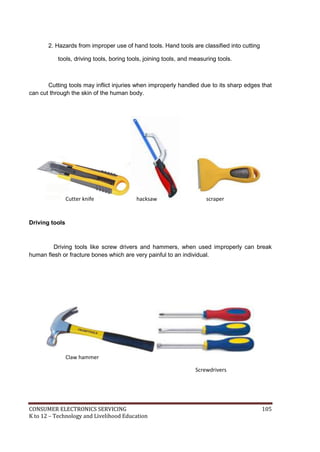 CONSUMER ELECTRONICS SERVICING 105
K to 12 – Technology and Livelihood Education
2. Hazards from improper use of hand tools. Hand tools are classified into cutting
tools, driving tools, boring tools, joining tools, and measuring tools.
Cutting tools may inflict injuries when improperly handled due to its sharp edges that
can cut through the skin of the human body.
Driving tools
Driving tools like screw drivers and hammers, when used improperly can break
human flesh or fracture bones which are very painful to an individual.
Cutter knife hacksaw scraper
Claw hammer
Screwdrivers
 