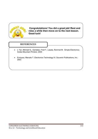 CONSUMER ELECTRONICS SERVICING 143
K to 12 – Technology and Livelihood Education
 L Tan, Michael Q., Gantalao, Fred T., Lasala, Rommel M. Simple Electronics;
Andes Mountain Printers: 2004
 Enriquez, Marcelo T. Electronics Technology IV; Souvenir Publications, Inc.:
2003
REFERENCES
Congratulations! You did a great job! Rest and
relax a while then move on to the next lesson.
Good luck!
 
