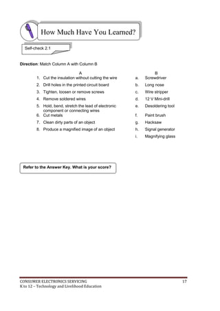 CONSUMER ELECTRONICS SERVICING 17
K to 12 – Technology and Livelihood Education
How Much Have You Learned?
Refer to the Answer Key. What is your score?
Direction: Match Column A with Column B
A B
1. Cut the insulation without cutting the wire a. Screwdriver
2. Drill holes in the printed circuit board b. Long nose
3. Tighten, loosen or remove screws c. Wire stripper
4. Remove soldered wires d. 12 V Mini-drill
5. Hold, bend, stretch the lead of electronic
component or connecting wires
e. Desoldering tool
6. Cut metals f. Paint brush
7. Clean dirty parts of an object g. Hacksaw
8. Produce a magnified image of an object h. Signal generator
i. Magnifying glass
Self-check 2.1
 