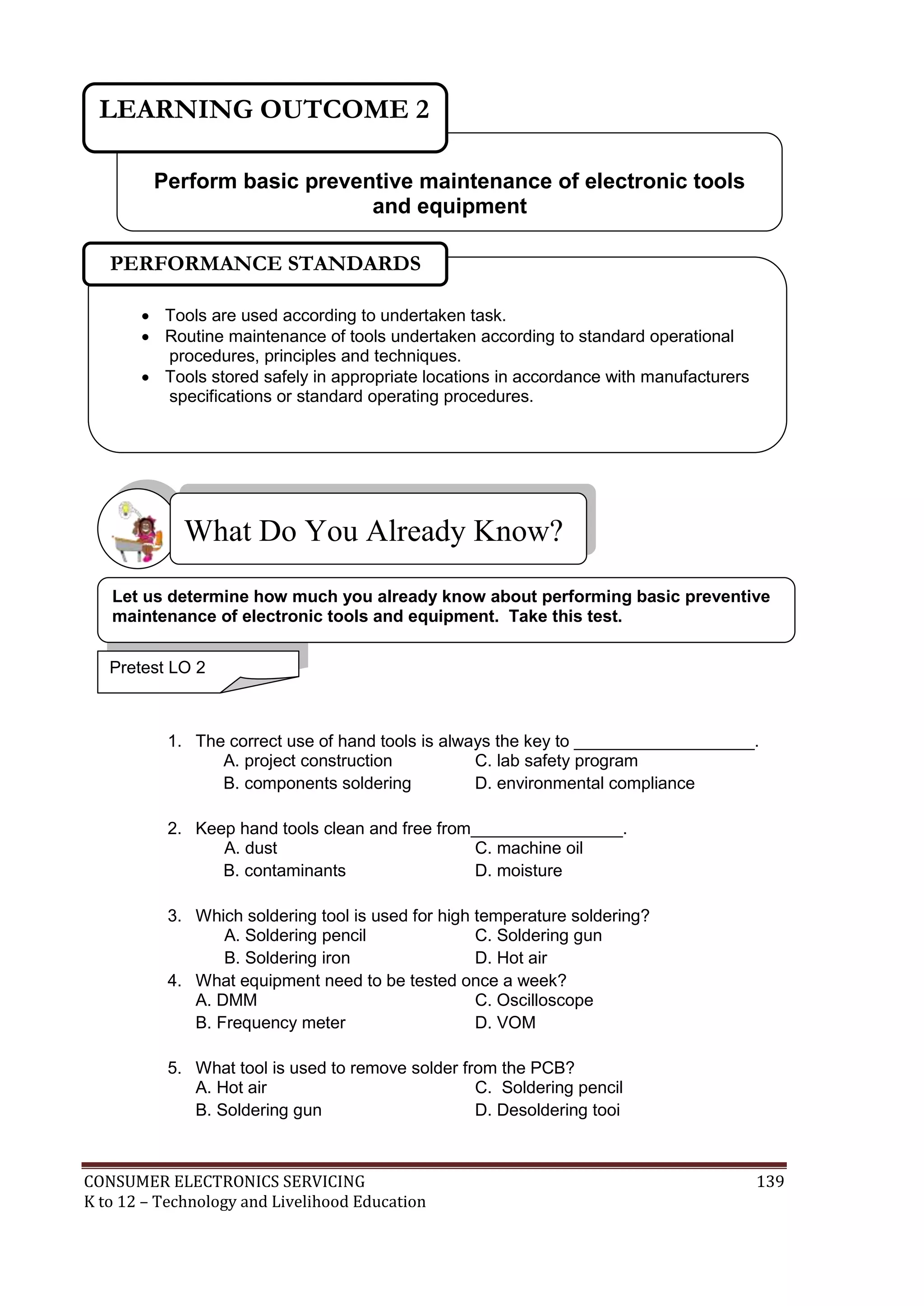 CONSUMER ELECTRONICS SERVICING 139
K to 12 – Technology and Livelihood Education
What Do You Already Know?
1. The correct use of hand tools is always the key to ___________________.
A. project construction C. lab safety program
B. components soldering D. environmental compliance
2. Keep hand tools clean and free from________________.
A. dust C. machine oil
B. contaminants D. moisture
3. Which soldering tool is used for high temperature soldering?
A. Soldering pencil C. Soldering gun
B. Soldering iron D. Hot air
4. What equipment need to be tested once a week?
A. DMM C. Oscilloscope
B. Frequency meter D. VOM
5. What tool is used to remove solder from the PCB?
A. Hot air C. Soldering pencil
B. Soldering gun D. Desoldering tooi
Perform basic preventive maintenance of electronic tools
and equipment
LEARNING OUTCOME 2
Pretest LO 2
 Tools are used according to undertaken task.
 Routine maintenance of tools undertaken according to standard operational
procedures, principles and techniques.
 Tools stored safely in appropriate locations in accordance with manufacturers
specifications or standard operating procedures.

PERFORMANCE STANDARDS
Let us determine how much you already know about performing basic preventive
maintenance of electronic tools and equipment. Take this test.
 