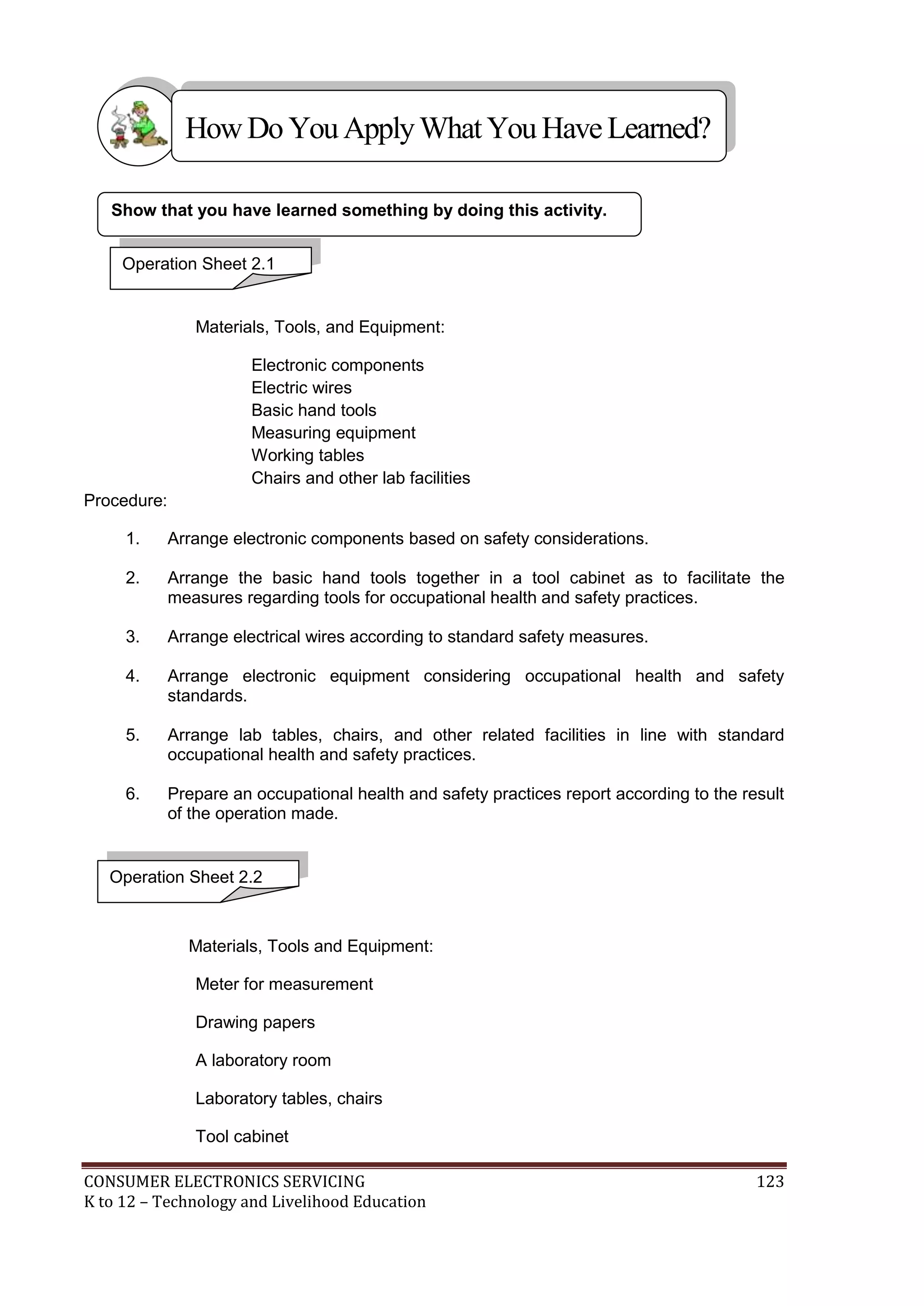 CONSUMER ELECTRONICS SERVICING 123
K to 12 – Technology and Livelihood Education
Show that you have learned something by doing this activity.
Materials, Tools, and Equipment:
Electronic components
Electric wires
Basic hand tools
Measuring equipment
Working tables
Chairs and other lab facilities
Procedure:
1. Arrange electronic components based on safety considerations.
2. Arrange the basic hand tools together in a tool cabinet as to facilitate the
measures regarding tools for occupational health and safety practices.
3. Arrange electrical wires according to standard safety measures.
4. Arrange electronic equipment considering occupational health and safety
standards.
5. Arrange lab tables, chairs, and other related facilities in line with standard
occupational health and safety practices.
6. Prepare an occupational health and safety practices report according to the result
of the operation made.
Materials, Tools and Equipment:
Meter for measurement
Drawing papers
A laboratory room
Laboratory tables, chairs
Tool cabinet
Operation Sheet 2.1
HowDo YouApplyWhatYou HaveLearned?
Operation Sheet 2.2
 