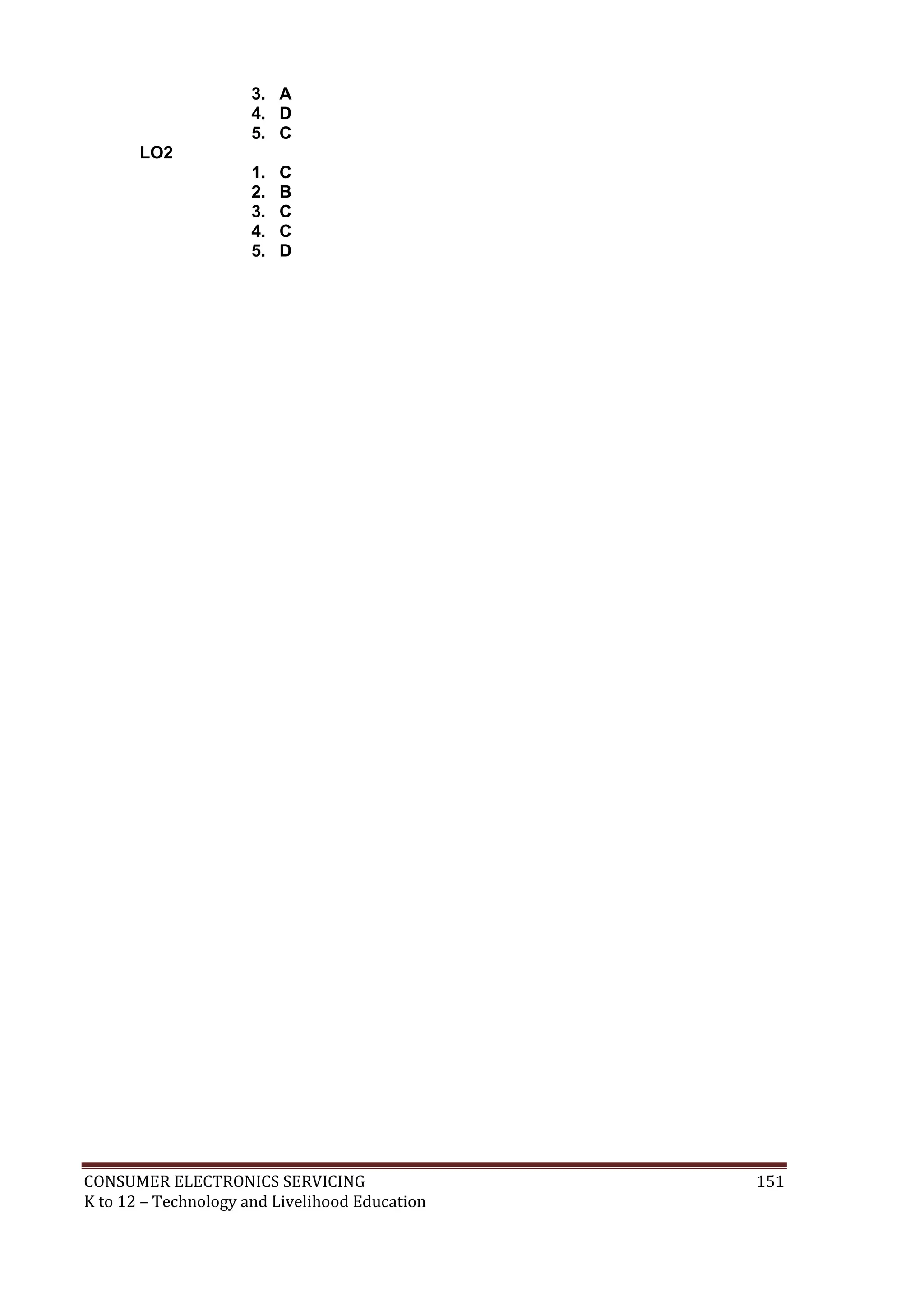 CONSUMER ELECTRONICS SERVICING 151
K to 12 – Technology and Livelihood Education
3. A
4. D
5. C
LO2
1. C
2. B
3. C
4. C
5. D
 