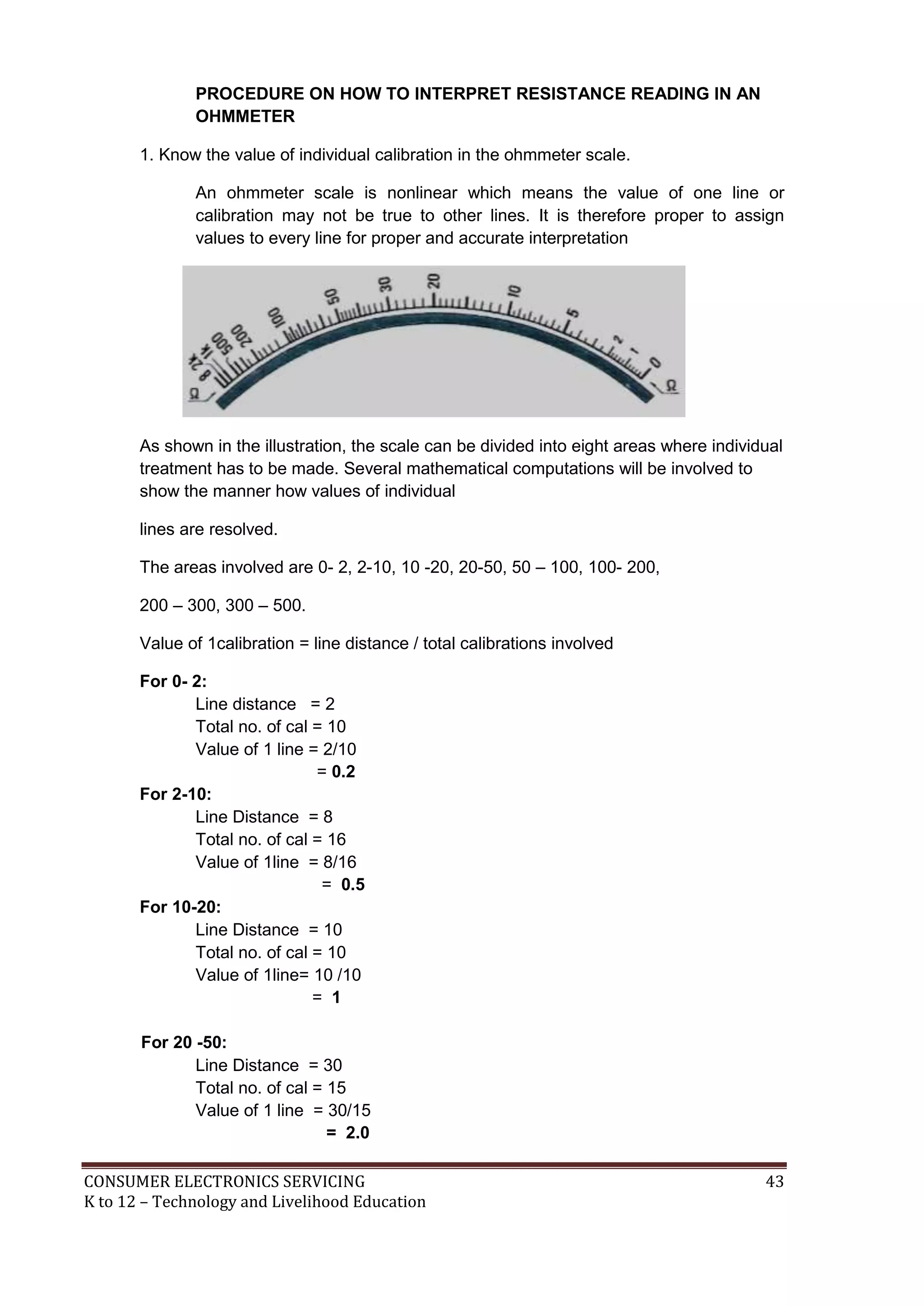 CONSUMER ELECTRONICS SERVICING 43
K to 12 – Technology and Livelihood Education
PROCEDURE ON HOW TO INTERPRET RESISTANCE READING IN AN
OHMMETER
1. Know the value of individual calibration in the ohmmeter scale.
An ohmmeter scale is nonlinear which means the value of one line or
calibration may not be true to other lines. It is therefore proper to assign
values to every line for proper and accurate interpretation
As shown in the illustration, the scale can be divided into eight areas where individual
treatment has to be made. Several mathematical computations will be involved to
show the manner how values of individual
lines are resolved.
The areas involved are 0- 2, 2-10, 10 -20, 20-50, 50 – 100, 100- 200,
200 – 300, 300 – 500.
Value of 1calibration = line distance / total calibrations involved
For 0- 2:
Line distance = 2
Total no. of cal = 10
Value of 1 line = 2/10
= 0.2
For 2-10:
Line Distance = 8
Total no. of cal = 16
Value of 1line = 8/16
= 0.5
For 10-20:
Line Distance = 10
Total no. of cal = 10
Value of 1line= 10 /10
= 1
For 20 -50:
Line Distance = 30
Total no. of cal = 15
Value of 1 line = 30/15
= 2.0
 
