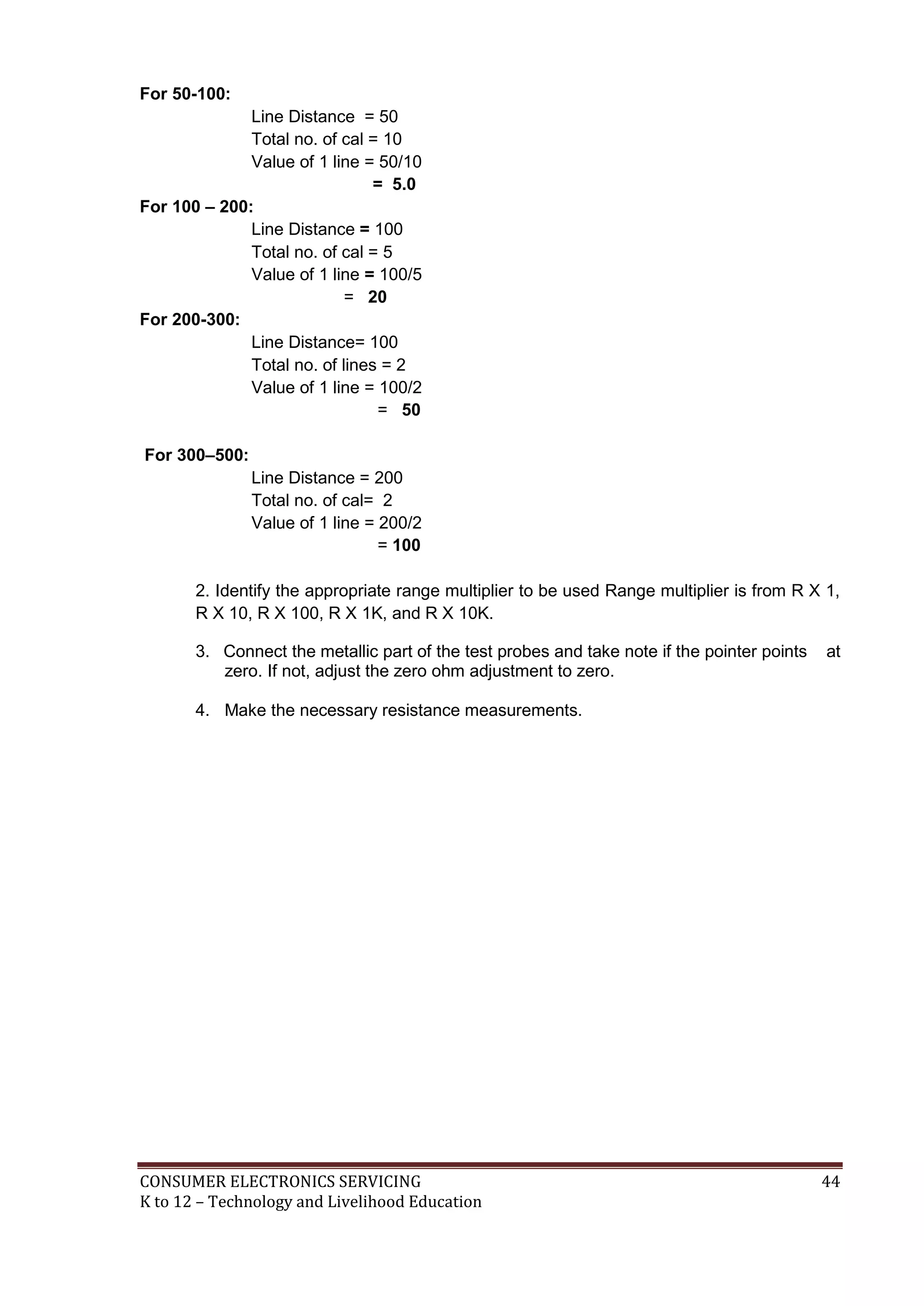 CONSUMER ELECTRONICS SERVICING 44
K to 12 – Technology and Livelihood Education
For 50-100:
Line Distance = 50
Total no. of cal = 10
Value of 1 line = 50/10
= 5.0
For 100 – 200:
Line Distance = 100
Total no. of cal = 5
Value of 1 line = 100/5
= 20
For 200-300:
Line Distance= 100
Total no. of lines = 2
Value of 1 line = 100/2
= 50
For 300–500:
Line Distance = 200
Total no. of cal= 2
Value of 1 line = 200/2
= 100
2. Identify the appropriate range multiplier to be used Range multiplier is from R X 1,
R X 10, R X 100, R X 1K, and R X 10K.
3. Connect the metallic part of the test probes and take note if the pointer points at
zero. If not, adjust the zero ohm adjustment to zero.
4. Make the necessary resistance measurements.
 