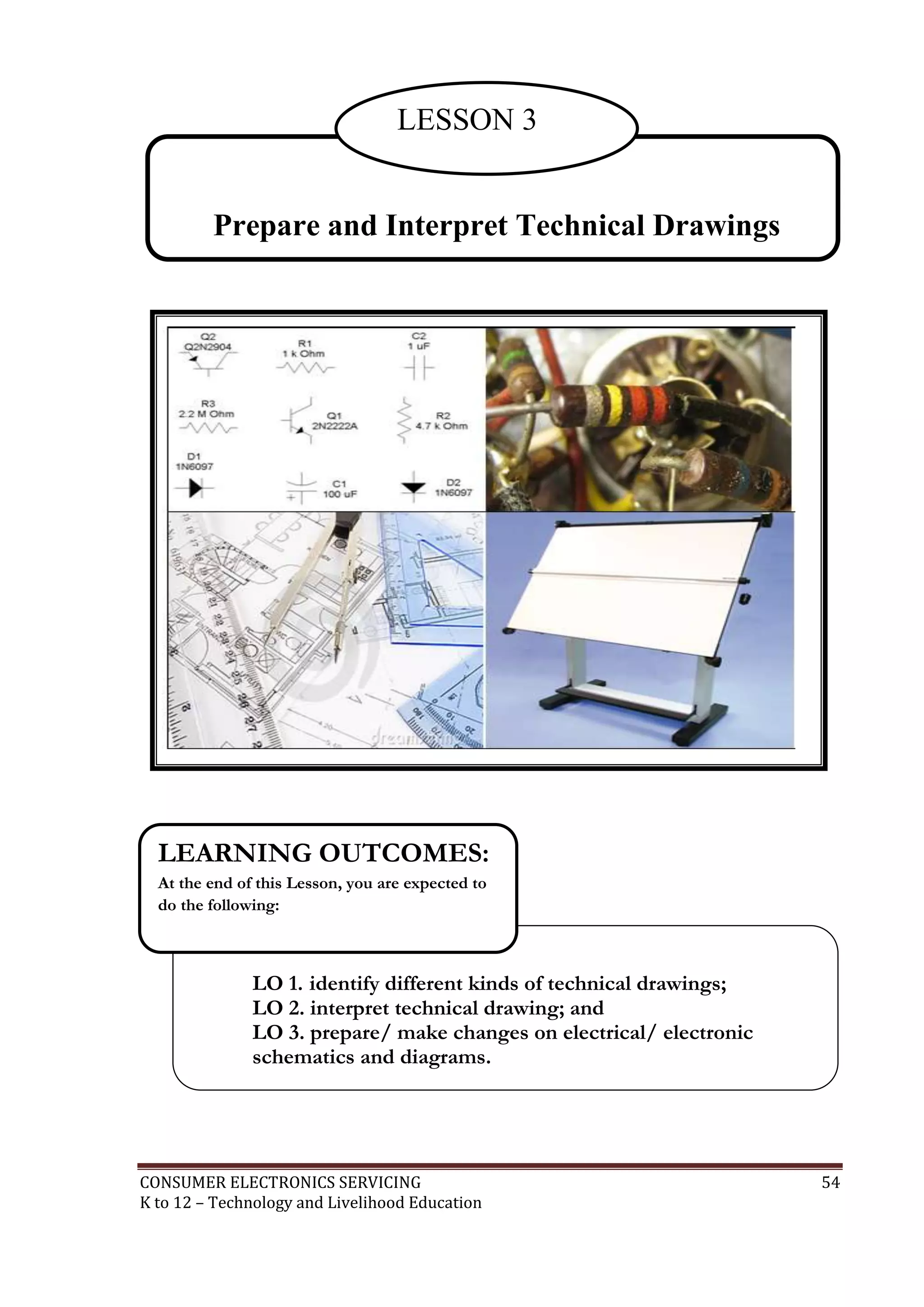 CONSUMER ELECTRONICS SERVICING 54
K to 12 – Technology and Livelihood Education
Prepare and Interpret Technical Drawings
LESSON 3
LO 1. identify different kinds of technical drawings;
LO 2. interpret technical drawing; and
LO 3. prepare/ make changes on electrical/ electronic
schematics and diagrams.
LEARNING OUTCOMES:
At the end of this Lesson, you are expected to
do the following:
 