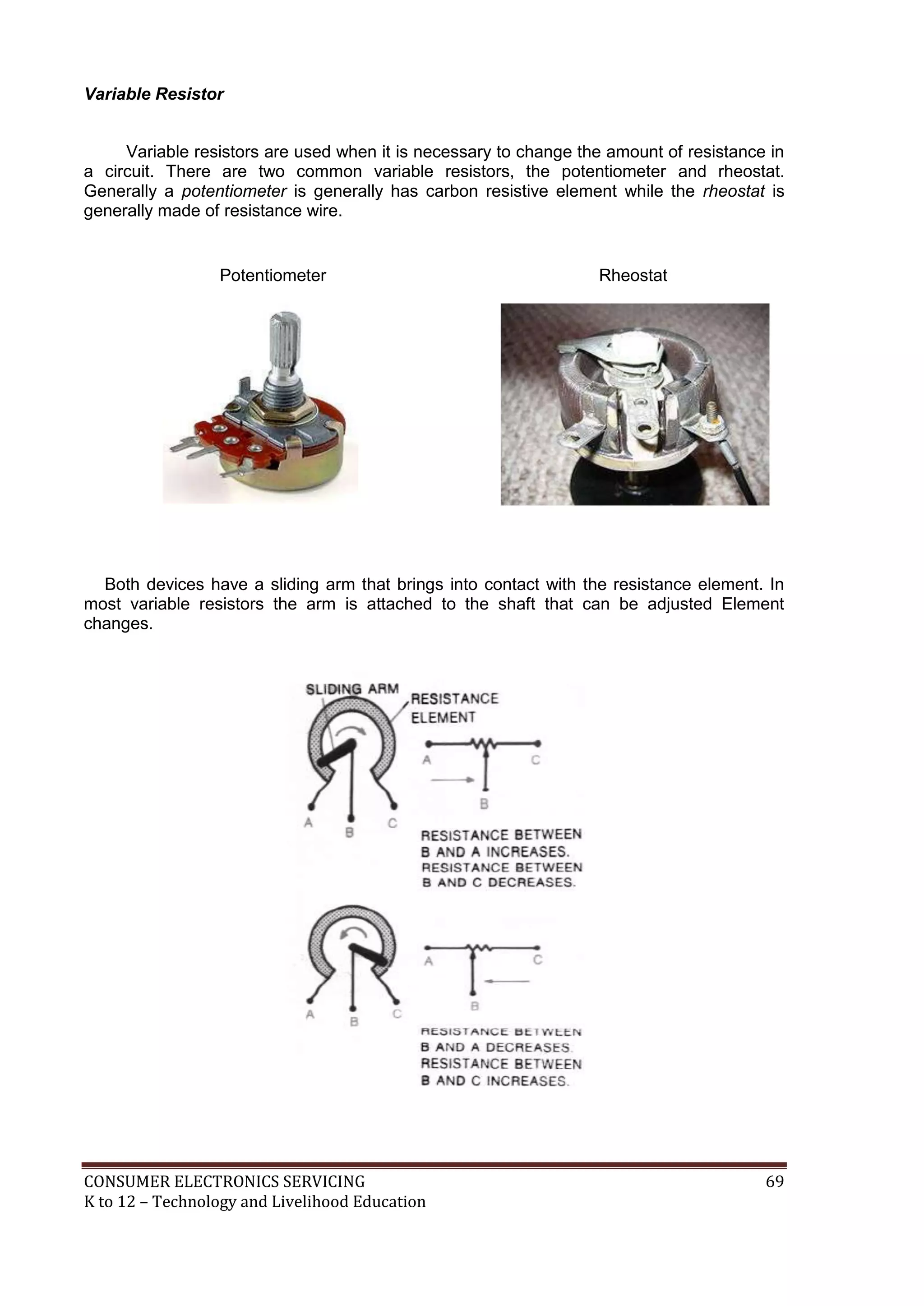 CONSUMER ELECTRONICS SERVICING 69
K to 12 – Technology and Livelihood Education
Variable Resistor
Variable resistors are used when it is necessary to change the amount of resistance in
a circuit. There are two common variable resistors, the potentiometer and rheostat.
Generally a potentiometer is generally has carbon resistive element while the rheostat is
generally made of resistance wire.
Both devices have a sliding arm that brings into contact with the resistance element. In
most variable resistors the arm is attached to the shaft that can be adjusted Element
changes.
Potentiometer Rheostat
 