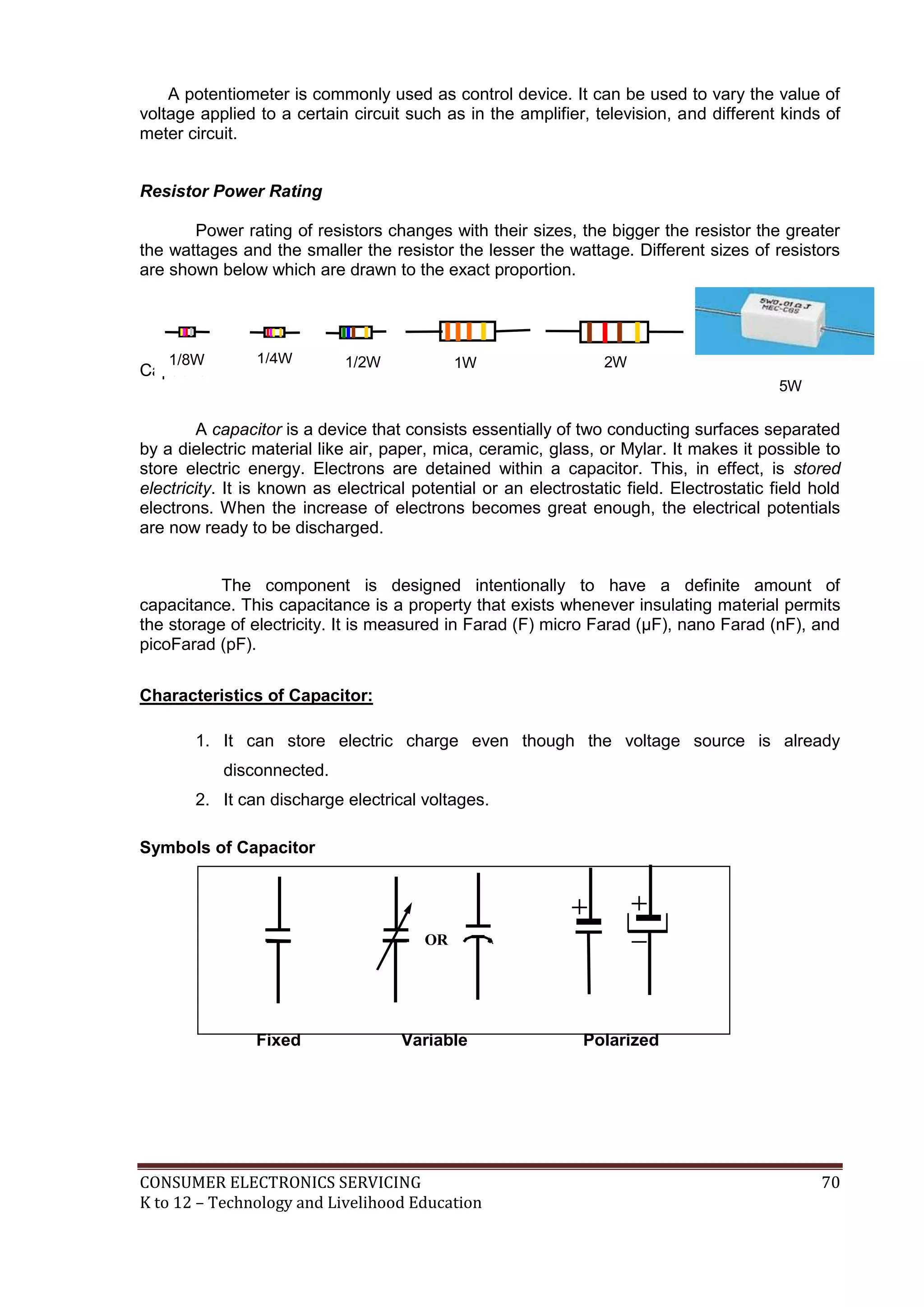 CONSUMER ELECTRONICS SERVICING 70
K to 12 – Technology and Livelihood Education
A potentiometer is commonly used as control device. It can be used to vary the value of
voltage applied to a certain circuit such as in the amplifier, television, and different kinds of
meter circuit.
Resistor Power Rating
Power rating of resistors changes with their sizes, the bigger the resistor the greater
the wattages and the smaller the resistor the lesser the wattage. Different sizes of resistors
are shown below which are drawn to the exact proportion.
Capacitor
A capacitor is a device that consists essentially of two conducting surfaces separated
by a dielectric material like air, paper, mica, ceramic, glass, or Mylar. It makes it possible to
store electric energy. Electrons are detained within a capacitor. This, in effect, is stored
electricity. It is known as electrical potential or an electrostatic field. Electrostatic field hold
electrons. When the increase of electrons becomes great enough, the electrical potentials
are now ready to be discharged.
The component is designed intentionally to have a definite amount of
capacitance. This capacitance is a property that exists whenever insulating material permits
the storage of electricity. It is measured in Farad (F) micro Farad (µF), nano Farad (nF), and
picoFarad (pF).
Characteristics of Capacitor:
1. It can store electric charge even though the voltage source is already
disconnected.
2. It can discharge electrical voltages.
Symbols of Capacitor
OR
Fixed Variable Polarized
2W1W1/2W1/4W1/8W
5W
 