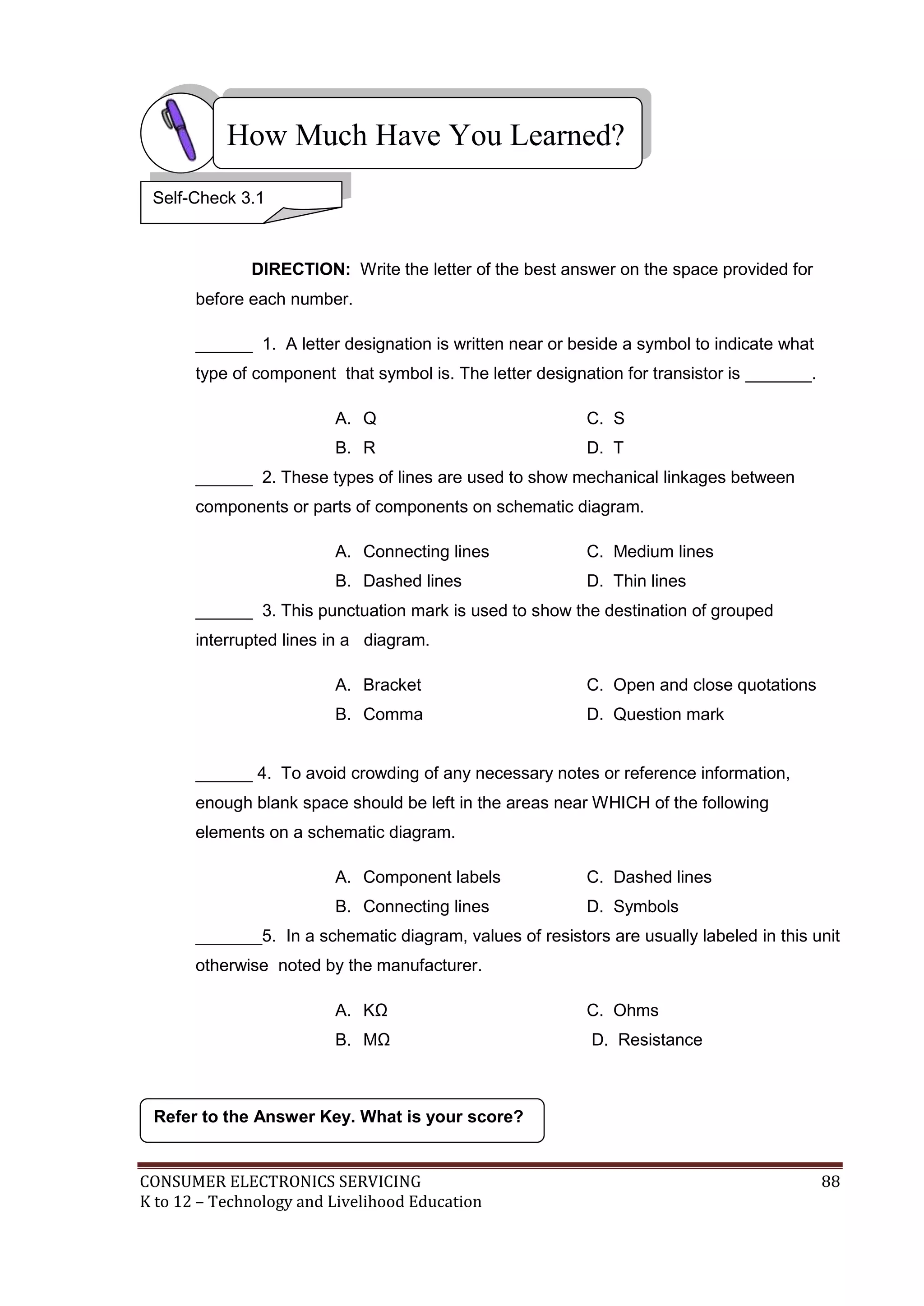 CONSUMER ELECTRONICS SERVICING 88
K to 12 – Technology and Livelihood Education
How Much Have You Learned?
DIRECTION: Write the letter of the best answer on the space provided for
before each number.
______ 1. A letter designation is written near or beside a symbol to indicate what
type of component that symbol is. The letter designation for transistor is _______.
A. Q C. S
B. R D. T
______ 2. These types of lines are used to show mechanical linkages between
components or parts of components on schematic diagram.
A. Connecting lines C. Medium lines
B. Dashed lines D. Thin lines
______ 3. This punctuation mark is used to show the destination of grouped
interrupted lines in a diagram.
A. Bracket C. Open and close quotations
B. Comma D. Question mark
______ 4. To avoid crowding of any necessary notes or reference information,
enough blank space should be left in the areas near WHICH of the following
elements on a schematic diagram.
A. Component labels C. Dashed lines
B. Connecting lines D. Symbols
_______5. In a schematic diagram, values of resistors are usually labeled in this unit
otherwise noted by the manufacturer.
A. KΩ C. Ohms
B. MΩ D. Resistance
Refer to the Answer Key. What is your score?
Self-Check 3.1
 