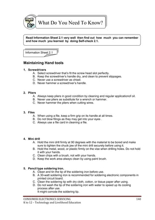 CONSUMER ELECTRONICS SERVICING 140
K to 12 – Technology and Livelihood Education
M
Maintaining Hand tools
1. Screwdrivers
A. Select screwdriver that’s fit the screw head slot perfectly.
B. Keep the screwdriver’s handle dry, and clean to prevent slippages.
C. Never use a screwdriver as chisel.
D. Never hammer a screwdriver’s handle.
2. Pliers
A. Always keep pliers in good condition by cleaning and regular applicationof oil.
B. Never use pliers as substitute for a wrench or hammer.
C. Never hammer the pliers when cutting wires.
3. Files
A. When using a file, keep a firm grip on its handle at all times.
B. Do not blow filings as they may get into your eyes .
C. Always use a file card in cleaning a file.
4. Mini drill
A. Hold the mini drill firmly at 90 degrees with the material to be bored and make
sure to tighten the chuck jaw of the mini drill securely before using it.
B. Hold the metal, wood, or plastic firmly on the vise when drilling holes. Do not hold
it with your hands.
C. Clean chips with a brush, not with your hands.
D. Keep the work area always clean by using paint brush.
5. Pencil type soldering Iron.
A. Clean and tin the tip of the soldering iron before use.
B. A 30-watt soldering iron is recommended for soldering electronic components in
printed circuit board.
C. Clean the soldering tip with dry cloth, cotton, or tissue paper after using.
D. Do not wash the tip of the soldering iron with water to speed up its cooling
process after use.
It might corrode the soldering tip.
What Do You Need To Know?
Information Sheet 2.1
Read Information Sheet 2.1 very well then find out how much you can remember
and how much you learned by doing Self-check 2.1.
 