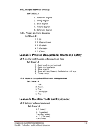 CONSUMER ELECTRONICS SERVICING 148
K to 12 – Technology and Livelihood Education
LO 2. Interpret Technical Drawings
Self Check 2.1
1. Schematic diagram
2. Wiring diagram
3. Block diagram
4. Pictorial diagram
5. Schematic diagram
LO 3. Prepare electronic diagrams
Self Check 3.1
1. A (Q)
2. B (Dashed lines)
3. A (Bracket)
4. D (Symbols)
5. C (Ohms)
Lesson 4 Practice Occupational Health and Safety
LO 1. Identify health hazards and occupational risks
Self Check 1.1
1. Avoid bending over your work
2. Avoid over head work
3. Sit up straight
4. Stand with weight evenly distributed on both legs
5. Torque control
LO 2. Observe occupational health and safety practices
Self Check 2.1
1. True
2. Always
3. True
4. Can engage
5. True
Lesson 5 Maintain Tools and Equipment
LO 1. Maintain tools and equipment
Self Check 1.1
1. C (safety)
2. D (tool box)
3. A (Tag a tool))
4. C (One hand)
5. B (Cure)
 