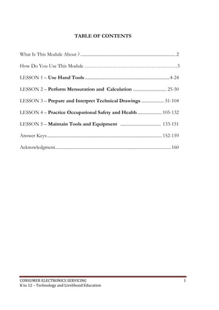 CONSUMER ELECTRONICS SERVICING 1
K to 12 – Technology and Livelihood Education
TABLE OF CONTENTS
What Is This Module About ?...................................................................................2
How Do You Use This Module ………………………………………………3
LESSON 1 – Use Hand Tools ..........................................................................4-24
LESSON 2 – Perform Mensuration and Calculation ............................. 25-50
LESSON 3 – Prepare and Interpret Technical Drawings .................... 51-104
LESSON 4 – Practice Occupational Safety and Health ..................... 105-132
LESSON 5 – Maintain Tools and Equipment ................................... 133-151
Answer Keys.................................................................................................... 152-159
Acknowledgment.....................................................................................................160
 