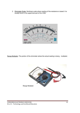 CONSUMER ELECTRONICS SERVICING 41
K to 12 – Technology and Livelihood Education
2. Ohmmeter Scale- Nonlinear scale where reading of the resistance is based. It is
usually found in the uppermost part of the VOM.
Range Multiplier- The portion of the ohmmeter where the actual reading is being multiplied.
Range Multiplier
 
