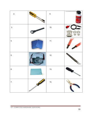ICT- COMPUTER HARDWARE SERVICING
33
2. 9.
3. 10.
4. 11.
5. 12.
6. 13.
7. 14.
 