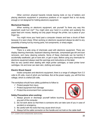 ICT- COMPUTER HARDWARE SERVICING
38
Other common physical hazards include leaving tools on top of ladders and
placing electronic equipment in precarious positions or on support that is not sturdy
enough or not designed for holding electronic equipment.
Mechanical Hazards
When working on electronic equipment, ask yourself "Is there any way this
equipment could hurt me?” You might stick your hand in a printer and suddenly the
paper feed arm moves, feeding not only paper through the printer, but a piece of your
finger too.
You might move your hand past a computer chassis and lose a chunk of flesh
because it is razor sharp. When working on electronic equipment always be alert to any
possibility of being hurt by moving parts, hot components, or sharp edges.
Chemical Hazards
There is a wide array of chemicals used with electronic equipment. There are
display cleaning chemicals, keyboard cleaning chemicals, compressed gas dirt and dust
removers, and many cleaning solvents. Some of these chemicals can be harmful if
accidentally swallowed, get on bare skin, or get in eyes. Before using any chemicals for
electronic equipment always read the warnings and instructions on the label.
Also be very careful when dealing with inkjet printer cartridges, or laser printer toner
cartridges. Ink and toner can stain skin, clothing and carpet.
Electric Shock Hazard
Inside computers and electronic equipment, there is a range of voltages from 3.3
volts to 25 volts, most of which are harmless. But at the power supply, you will find line
voltage, which is a lethal 220 volts.
The workplace should have safety guidelines to follow to:
 Protect people from injury
 Protect equipment from damage
 Protect the environment from contamination
Safety Precautions when working:
1. Always ground or discharge yourself before touching
any part of the computer.
2. Do not work alone so that there is someone who can take care of you in case of
accident or emergency.
3. Be careful with the tools that may cause short circuit.
4. Always full the cable connector on the handle and not hold on the cable itself.
 