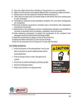 ICT- COMPUTER HARDWARE SERVICING
39
5. Use only rubber shoes when standing on the ground or in a concrete floor.
6. Make sure that the pins are properly aligned when connecting a cable connector.
7. Always power off and unplug the computer before working on it.
8. Take away any liquid such as mineral water or soft drinks near your working area
or near computers.
9. Contingency measures during workplace accidents, fire, and other emergencies
are recognized.
10.Personal protective equipment is correctly used in accordance with organization
procedures and practice.
11.Hazard/risks in the workplace and their corresponding indicators are identified to
minimize or eliminate risk to co‐workers, workplace, and environment.
12.Take necessary precautions to protect the component of the computer from
damaged caused by Electrostatic Discharge (ESD).
13.Hold the components by edges and do not touch the IC’s.
14.Read and follow instructions on the manual carefully.
15.Do not use excessive force if things do not quite slip into place.
Fire Safety Guidelines
 Know the location of fire extinguishers, how to use
them and which to use for electrical fires and for
combustible fires.
 Find an escape route in case a fire gets out of
control.
 Know how to contact emergency services quickly
 Keep the workspace clean.
 Keep most solvents in a separate area.
Process
 