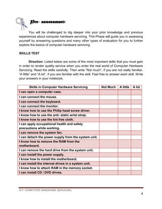 ICT- COMPUTER HARDWARE SERVICING
4
Pre- assessment:
You will be challenged to dig deeper into your prior knowledge and previous
experiences about computer hardware servicing. This Phase will guide you in assessing
yourself by answering questions and many other types of evaluation for you to further
explore the basics of computer hardware servicing.
SKILLS TEST
Direction: Listed below are some of the most important skills that you must gain
in order to render quality service when you enter the real world of Computer Hardware
Servicing. Read the skills carefully. Then write “Not much”, if you are not really familiar,
“A little” and “A lot”, if you are familiar with the skill. Feel free to answer each skill. Write
your answers in your notebook.
Skills in Computer Hardware Servicing Not Much A little A lot
I can open a computer case.
I can connect the mouse.
I can connect the keyboard.
I can connect the monitor.
I know how to use the Philip head screw driver.
I know how to use the anti- static wrist strap.
I know how to use the lint free cloth.
I can apply occupational health and safety
precautions while working.
I can remove the system fan.
I can detach the power supply from the system unit.
I know how to remove the RAM from the
motherboard.
I can remove the hard drive from the system unit.
I can install the power supply.
I know how to install the motherboard.
I can install the internal drives in a system unit.
I know how to attach RAM in the memory socket.
I can install CD / DVD drives.
 
