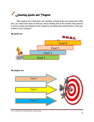 ICT- COMPUTER HARDWARE SERVICING
5
Learning Goals and Targets:
After reading the introduction and carefully answering the pre assessment skills
test, you might have ideas of what you will be dealing with in this module. Now prepare
to set your goals and targets for this module by completing the activity below. Write your
answer in your notebook.
My goals are:
My targets are:
Goal 4
Goal 3
Goal 2
Goal 1
Target 1
Target 2
Target 3
 