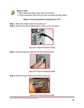 ICT- COMPUTER HARDWARE SERVICING
59
Keep in mind:
1. When attaching cables, never force a connection.
2. Plug in the power cable after you have connected all other cables.
Steps in Connecting External Hardware of a PC
Step 1. Attach the monitor cable to the video port.
Step 2. Secure the cable by tightening the screws on the connector.
Figure 62. Attach the Monitor Cable
Step 3. Plug the keyboard cable into the PS/2 keyboard port.
Figure 63. Plug the Keyboard Cable
Step 4. Plug the mouse cable into the PS/2 mouse port.
Figure 64. Plug the Mouse Cable
 