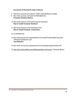 ICT- COMPUTER HARDWARE SERVICING
75
Conversion of Decimal N umber to Binary
8. http://www.youtube.com/watch?v=s7M6_VeDhJE&feature=related
9. http://www.youtube.com/watch?v=6N7bqBsFL0w-
Computer Hardware Basics
10.http://www.wikihow.com/Install-Computer-Hardware-
How to install Computer Hardware
11.http://www.directron.com/howtoupsys.html-
How to install Computer components
12.en.wikipedia.org
13.http://www.bechtel.com/assets/files/Environmental/ToolboxSafetyTopics/20
10/ProperToolSelection.pdf
Tool Selection
14.http://www.iml.uts.edu.au/assessment-futures/designing/assembling.html
15. http://www.instructables.com/id/Disassemble-a-Computer/- Computer Basics
 