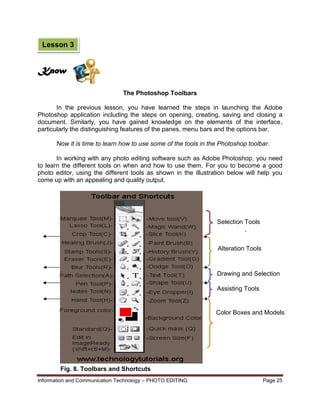 Information and Communication Technology – PHOTO EDITING Page 25
The Photoshop Toolbars
In the previous lesson, you have learned the steps in launching the Adobe
Photoshop application including the steps on opening, creating, saving and closing a
document. Similarly, you have gained knowledge on the elements of the interface,
particularly the distinguishing features of the panes, menu bars and the options bar.
Now it is time to learn how to use some of the tools in the Photoshop toolbar.
In working with any photo editing software such as Adobe Photoshop, you need
to learn the different tools on when and how to use them. For you to become a good
photo editor, using the different tools as shown in the illustration below will help you
come up with an appealing and quality output.
Fig. 8. Toolbars and Shortcuts
Selection Tools
Alteration Tools
Drawing and Selection
Tools
Assisting Tools
Color Boxes and Models
Lesson 3
Know
 
