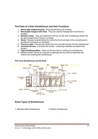 FOOD (FISH) PROCESSING 14
K to 12 – Technology and Livelihood Education
The Parts of a Drier Smokehouse and their Functions
1. Removable slatted benches. They hold the fish to be smoked.
2. Removable hangers with hook. They are used for hanging fish to be dried or
smoked.
3. Wooden hooks. They are nailed from the top of a the drier smokehouse where fish
are also hanged when drying or smoking.
4. Vents. Theseare located below the roof at the front and back of the smokehouse to
provide the necessary air circulation.
5. Tunnel or pipe. Conveys the smoke from the concrete furnace into the smokehouse.
6. Concrete furnace. It is where the smoke – producing materials are placed and
burned.
7. Tight sheathing rafters. Serve as the top cover or roofing of a smokehouse.
8. Meshed screen. Serve as a closure to openings like the vents to keep flies and
insects from entering the smokehouse.
The Torry Smokehouse and Its Parts
Some Types of Smokehouse
1. Stainless Steel Smokehouse 2. Electric Smokehouse
 