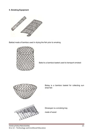 FOOD (FISH) PROCESSING 25
K to 12 – Technology and Livelihood Education
5. Smoking Equipment
Baklad made of bamboo used in drying the fish prior to smoking
Bakol is a bamboo basket used to transport smoked
fish
Bistay is a bamboo basket for collecting sun
dried fish
Dinarayan is a smoking tray
made of wood
 