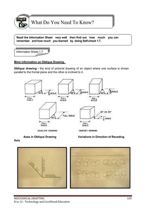What Do You Need To Know?
Read the Information Sheet very well then find out how much you can
remember and how much you learned by doing Self-check 1.7.
Information Sheet 1.7
More information on Oblique Drawing
Oblique drawing - the kind of pictorial drawing of an object where one surface is shown
parallel to the frontal plane and the other is inclined to it.
Axes in Oblique Drawing Variations in Direction of Receding
Axis
MECHANICAL DRAFTING 105
K to 12 - Technology and Livelihood Education
 