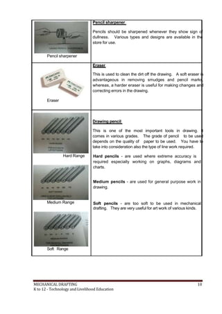 Pencil sharpener
Pencils should be sharpened whenever they show sign of
dullness. Various types and designs are available in the
store for use.
Pencil sharpener
Eraser
This is used to clean the dirt off the drawing. A soft eraser is
advantageous in removing smudges and pencil marks,
whereas, a harder eraser is useful for making changes and
correcting errors in the drawing.
Eraser
Drawing pencil
This is one of the most important tools in drawing. It
comes in various grades. The grade of pencil to be used
depends on the quality of paper to be used. You have to
take into consideration also the type of line work required.
Hard Range
Medium Range
Soft Range
Hard pencils - are used where extreme accuracy is
required especially working on graphs, diagrams and
charts.
Medium pencils - are used for general purpose work in
drawing.
Soft pencils - are too soft to be used in mechanical
drafting. They are very useful for art work of various kinds.
MECHANICAL DRAFTING 10
K to 12 - Technology and Livelihood Education
 