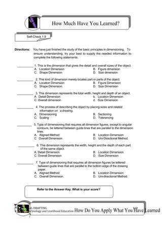 AL DRAFTING 119
How Much Have You Learned?
Self-Check 1.9
Directions: You have just finished the study of the basic principles in dimensioning. To
ensure understanding, try your best to supply the needed information to
complete the following statements.
__________ 1. This is the dimension that gives the detail and overall sizes of the object.
A. Location Dimension B. Figure dimension
C. Shape Dimension D. Size dimension
__________ 2. This kind of dimension merely locates part or parts of the object.
A. Location Dimension B. Figure Dimension
C. Shape Dimension D. Size Dimension
__________ 3. This dimension represents the total width, height and depth of an object.
A Detail Dimension b. Location Dimension
C. Overall dimension d. Size Dimension
__________ 4. The process of describing the object by placing sizes and related
information on a drawing.
A. Dimensioning B. Sectioning
C. Scaling D. Tolerancing
_________ 5. Type of dimensioning that requires all dimension figures, except to angular
contours, be lettered between guide lines that are parallel to the dimension
lines.
A. Aligned Method B. Location Dimension
C Overall Dimension D. Uni-Directional Method
__________ 6. This dimension represents the width, height and the depth of each part
of the same object.
A. Detail Dimension B. Location Dimension
C. Overall Dimension D. Size Dimension
__________ 7. Type of dimensioning that requires all dimension figures be lettered
between guide lines that are parallel to the bottom edge of the drawing
paper.
A. Aligned Method B. Location Dimension
C. Overall Dimension D. Uni-directional Method
Refer to the Answer Key. What is your score?
M
K echnology and Livelihood Education How Do You Apply What You Have Learned
?
 