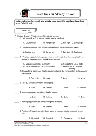 What Do You Already Know?
Let us determine how much you already know about the identifying hazardous
area. Take this test.
Pretest LO 1
A. Multiple Choice. Write the letter of the correct answer.
_____ 1. It will be used only to warn or caution against practices.
A. Caution sign B. Danger sign C. Exit sign D. Safety sign
_____ 2. This preventive sign shall be used only where an immediate hazard exists.
A. Caution sign B. Danger sign C. Exit sign D. Safety sign
_____ 3. This is a cross-disciplinary area concerned with protecting the safety, health and
welfare of people engaged in work or employment.
A. Occupational Safety and Health C. Occupational Labor Code
B. Department of Labor and Employment D. Department of Trade and
Industry
_____ 4. Occupational safety and health requirements may be reinforced in civil law and/or
criminal law.
A. Economic B. Labor C. Legal D. Moral
_____ 5. Take out unnecessary items and dispose.
A . Seiri B. Seiketsu C. Seiso D. Shitsuke.
_____ 6. Arrange necessary items in good order for use.
a . Seiri B. Seiketsu C. Seiso D. Seiton
_____ 7. Do things spontaneously without being told or ordered.
A . Seiri B. Seiketsu C. Seiso D. Shitsuke.
_____ 8. This type of hazards are solid, liquid, vapor or gaseous substances, dust, fume or
mist.
A . Biological B. Chemical C. Ergonomic D. Safety
MECHANICAL DRAFTING 134
K to 12 - Technology and Livelihood Education
 