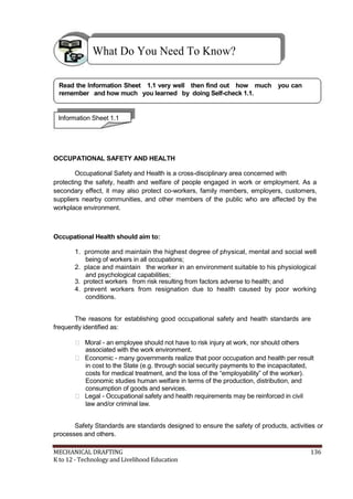 What Do You Need To Know?
Read the Information Sheet 1.1 very well then find out how much you can
remember and how much you learned by doing Self-check 1.1.
Information Sheet 1.1
OCCUPATIONAL SAFETY AND HEALTH
Occupational Safety and Health is a cross-disciplinary area concerned with
protecting the safety, health and welfare of people engaged in work or employment. As a
secondary effect, it may also protect co-workers, family members, employers, customers,
suppliers nearby communities, and other members of the public who are affected by the
workplace environment.
Occupational Health should aim to:
1. promote and maintain the highest degree of physical, mental and social well
being of workers in all occupations;
2. place and maintain the worker in an environment suitable to his physiological
and psychological capabilities;
3. protect workers from risk resulting from factors adverse to health; and
4. prevent workers from resignation due to health caused by poor working
conditions.
The reasons for establishing good occupational safety and health standards are
frequently identified as:
 Moral - an employee should not have to risk injury at work, nor should others
associated with the work environment.
 Economic - many governments realize that poor occupation and health per result
in cost to the State (e.g. through social security payments to the incapacitated,
costs for medical treatment, and the loss of the “employability” of the worker).
Economic studies human welfare in terms of the production, distribution, and
consumption of goods and services.
 Legal - Occupational safety and health requirements may be reinforced in civil
law and/or criminal law.
Safety Standards are standards designed to ensure the safety of products, activities or
processes and others.
MECHANICAL DRAFTING 136
K to 12 - Technology and Livelihood Education
 