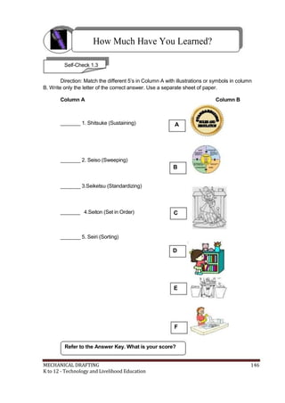 How Much Have You Learned?
Self-Check 1.3
Direction: Match the different 5’s in Column A with illustrations or symbols in column
B. Write only the letter of the correct answer. Use a separate sheet of paper.
Column A Column B
_______ 1. Shitsuke (Sustaining) A
_______ 2. Seiso (Sweeping)
B
_______ 3.Seiketsu (Standardizing)
_______ 4.Seiton (Set in Order) C
_______ 5. Seiri (Sorting)
D
E
F
Refer to the Answer Key. What is your score?
MECHANICAL DRAFTING 146
K to 12 - Technology and Livelihood Education
 