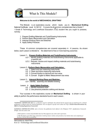 What Is This Module?
Welcome to the world of MECHANICAL DRAFTING!
This Module is an exploratory course which leads you to Mechanical Drafting
National Certificate Level II ( NC II)1
. It covers the 4 common competencies that a Grade 7
/ Grade 8 Technology and Livelihood Education (TLE) student like you ought to possess,
namely:
1. Prepare Drafting Materials and Tools/Drawing Instruments
2. Perform Basic Mensuration and Calculation
3. Interpret Working Plans and Sketches
4. Apply Safety Practices
These 4 common competencies are covered separately in 4 Lessons. As shown
below, each Lesson is directed to the attainment of two or more learning outcomes:
Lesson 1 - Prepare Drafting Materials and Tools/Drawing Instruments
LO 1. Identify drafting materials and tools/drawing instruments applicable to
a specific job
LO 2. Request, receive and inspect drafting materials and tools/drawing
instruments
Lesson 2 - Perform Basic Mensuration and Calculation
LO 1. Select and use measuring instruments
LO 2. Clean and store measuring instruments
LO 3. Convert fraction to decimal and vice versa
LO 4. Convert English to Metric Measurement vice versa
Lesson 3 - Interpret Working Plans and Sketches
LO 1. Identify assembly and detailed drawing.
Lesson 4 - Apply Safety Practices
LO 1. Identify hazardous area
LO 2. Use personal protective clothing and devices
Your success in this exploratory course on Mechanical Drafting is shown in your
ability to perform the performance standards found in each Lesson .
1NATIONAL CERTIFICATE (NC) is a certification issued to individuals who achieved all the required units of competency for a national
qualification as defined under the Training Regulations. NCs are aligned to specific levels within the PTQF. (TESDA Board Resolution No.
2004-13, Training Regulations Framework)
NATIONAL CERTIFICATE LEVEL refers to the four (4) qualification levels defined in the Philippine TVET Qualifications Framework
(PTQF) where the worker with:
a. NC I performs a routine and predictable tasks; has little judgment; and, works under supervision;
b. NC II performs prescribed range of functions involving known routines and procedures; has limited choice and complexity of
functions, and has little accountability;
MECHANICAL DRAFTING 2
K to 12 - Technology and Livelihood Education
 