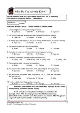 What Do You Already Know?
Let us determine how much you already know about the of measuring
instruments in mechanical drafting. Take this test.
Pretest LO 1
Directions: Multiple Choices. Choose the letter of the best answer.
1. A measuring tool used to layout an angle or an arc.
A. Compass B. Divider C. Protractor D. Tape ruler
2. The most popular type of measuring tools, usually 6 or 12 inches in length.
A. Tape ruler B. Triangle C. Ruler D. Scale
3. Its main purpose is to reproduce, reduce or enlarge the dimension of size on a drawing.
A. Tape ruler B. Triangle C. Ruler D. Scale
4. It is used for drawing vertical and oblique lines.
A . Ruler B. Scale C. Triangle D. T- Square
5. It provides an easy means for accurately measuring curved surfaces.
A. Compass B. Divider C. Protractor D. Tape ruler
6. These are used for the purpose of measuring dimensions.
A. Cutting Tools B. Measuring Tools C. Lining Tools D. Testing Tools
7. This is used as guide in drawing horizontal lines.
A . Ruler B. Scale C. Triangle D. T- Square
8. This instrument is used to draw circles, arcs, radii, and parts of many symbols.
A. Compass B. Divider C. Protractor D. Tape ruler
9. It is a concave, spring-steel blade ranging from 1/4" to 1" wide and 6 to about
300 feet in length
A. Meter stick B. Tape ruler C. Triangle D. Ruler
10. It helps a drafter keep the proportions accurate.
A . Ruler B. Scale C. Triangle D. T- Square
Now check your answers using the Answer Key . If you got 90-100% of the
items correctly, proceed to the next Activity.
If not, carefully reviewing the lesson helps you understand the
concepts better. This also helps you learn the skills to mastery level.
Concentrate on the parts that cover the questions you missed. After this, you are
very much ready to proceed to the next learning activity.
MECHANICAL DRAFTING 33
K to 12 - Technology and Livelihood Education
 