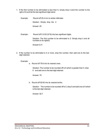 1. If the first number to be eliminated is less than 5, simply drop it (and the number to the
right of it) and let the last significant digit stand.
Example: Round off 25.4 mm to whole millimeter.
Solution: Simply drop the .4
Answer: 25
Example : Round off 0.3125 (5/16) into two significant digits.
Solution: The first number to be eliminated is 2: Simply drop it and all
numbers to its right(5)
Answer:0.31
2. If the number to be eliminated is 5 or more, drop the number, then add one to the last
digit retained.
Example:
a. Round off 78.6 into its nearest ones.
Solution: The number to be rounded off is 6 which is greater than 5, drop
6 and add one to the last digit retained.
Answer: 79
b. Round off 92.65 into its nearest tenths.
Solution: The number to be rounded off is 5, drop 5 and add one to 6 which
is the last digit retained.
Answer: 92.7
MECHANICAL DRAFTING 54
K to 12 - Technology and Livelihood Education
 