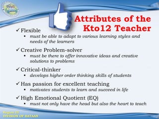Region III
DIVISION OF BATAAN
Attributes of the
Kto12 Teacher
 Flexible
 must be able to adapt to various learning styles and
needs of the learners
 Creative Problem-solver
 must be there to offer innovative ideas and creative
solutions to problems
 Critical-thinker
 develops higher order thinking skills of students
 Has passion for excellent teaching
 motivates students to learn and succeed in life
 High Emotional Quotient (EQ)
 must not only have the head but also the heart to teach
 