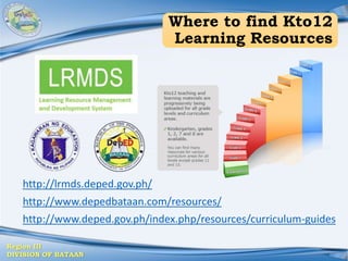 Region III
DIVISION OF BATAAN
Where to find Kto12
Learning Resources
http://lrmds.deped.gov.ph/
http://www.depedbataan.com/resources/
http://www.deped.gov.ph/index.php/resources/curriculum-guides
 