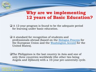 Region III
DIVISION OF BATAAN
Why are we implementing
12 years of Basic Education?
 A 12-year program is found to be the adequate period
for learning under basic education.
 A standard for recognition of students and
professionals abroad (based on the Bologna Process for
the European Union and the Washington Accord for the
United States).
The Philippines is the last country in Asia and one of
only three countries worldwide (the other two being
Angola and Djibouti) with a 10-year pre-university cycle.
 