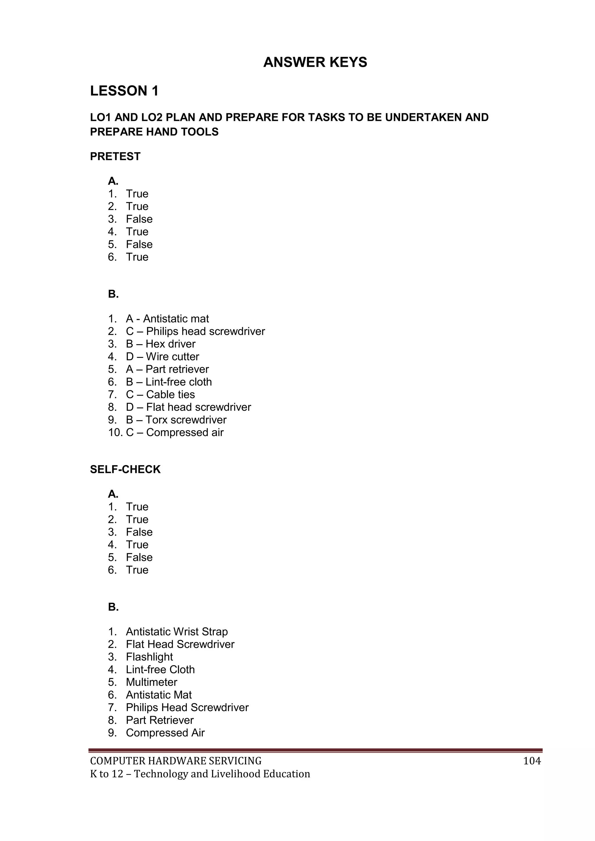 COMPUTER HARDWARE SERVICING 104
K to 12 – Technology and Livelihood Education
ANSWER KEYS
LESSON 1
LO1 AND LO2 PLAN AND PREPARE FOR TASKS TO BE UNDERTAKEN AND
PREPARE HAND TOOLS
PRETEST
A.
1. True
2. True
3. False
4. True
5. False
6. True
B.
1. A - Antistatic mat
2. C – Philips head screwdriver
3. B – Hex driver
4. D – Wire cutter
5. A – Part retriever
6. B – Lint-free cloth
7. C – Cable ties
8. D – Flat head screwdriver
9. B – Torx screwdriver
10. C – Compressed air
SELF-CHECK
A.
1. True
2. True
3. False
4. True
5. False
6. True
B.
1. Antistatic Wrist Strap
2. Flat Head Screwdriver
3. Flashlight
4. Lint-free Cloth
5. Multimeter
6. Antistatic Mat
7. Philips Head Screwdriver
8. Part Retriever
9. Compressed Air
 