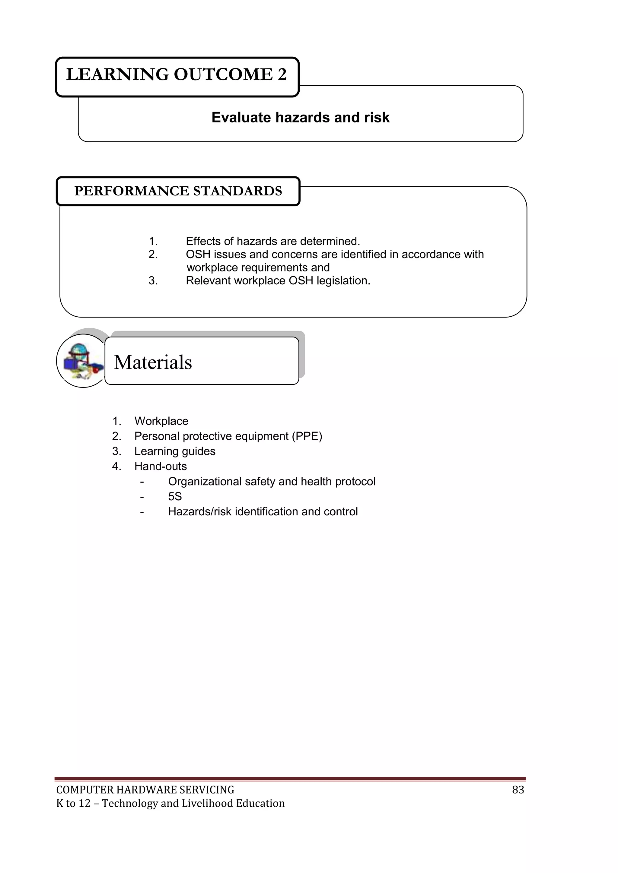 COMPUTER HARDWARE SERVICING 83
K to 12 – Technology and Livelihood Education
1. Workplace
2. Personal protective equipment (PPE)
3. Learning guides
4. Hand-outs
- Organizational safety and health protocol
- 5S
- Hazards/risk identification and control
Materials
Evaluate hazards and risk
LEARNING OUTCOME 2
1. Effects of hazards are determined.
2. OSH issues and concerns are identified in accordance with
workplace requirements and
3. Relevant workplace OSH legislation.
PERFORMANCE STANDARDS
 
