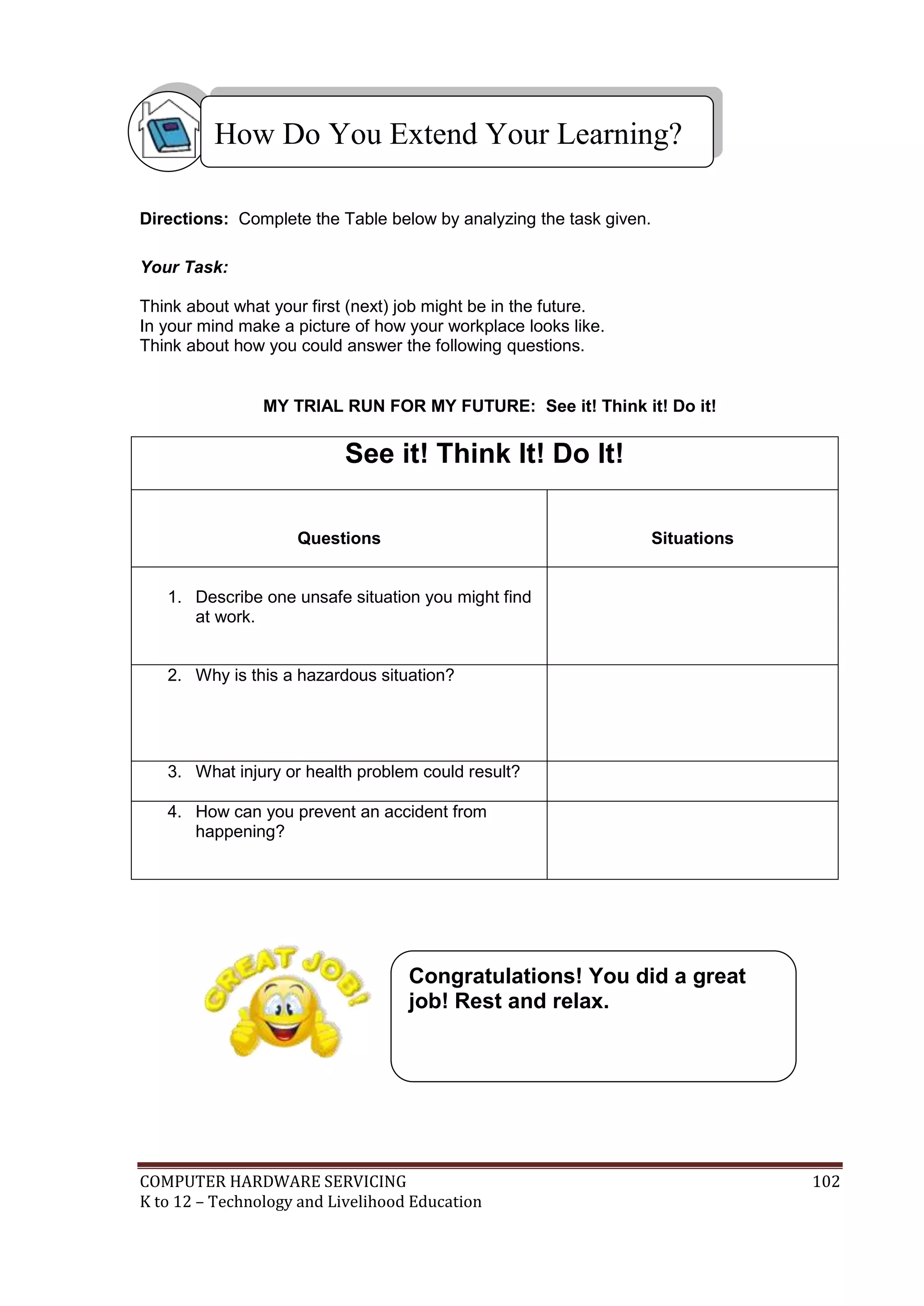 COMPUTER HARDWARE SERVICING 102
K to 12 – Technology and Livelihood Education
Directions: Complete the Table below by analyzing the task given.
Your Task:
Think about what your first (next) job might be in the future.
In your mind make a picture of how your workplace looks like.
Think about how you could answer the following questions.
MY TRIAL RUN FOR MY FUTURE: See it! Think it! Do it!
See it! Think It! Do It!
Questions Situations
1. Describe one unsafe situation you might find
at work.
2. Why is this a hazardous situation?
3. What injury or health problem could result?
4. How can you prevent an accident from
happening?
How Do You Extend Your Learning?
Congratulations! You did a great
job! Rest and relax.
 