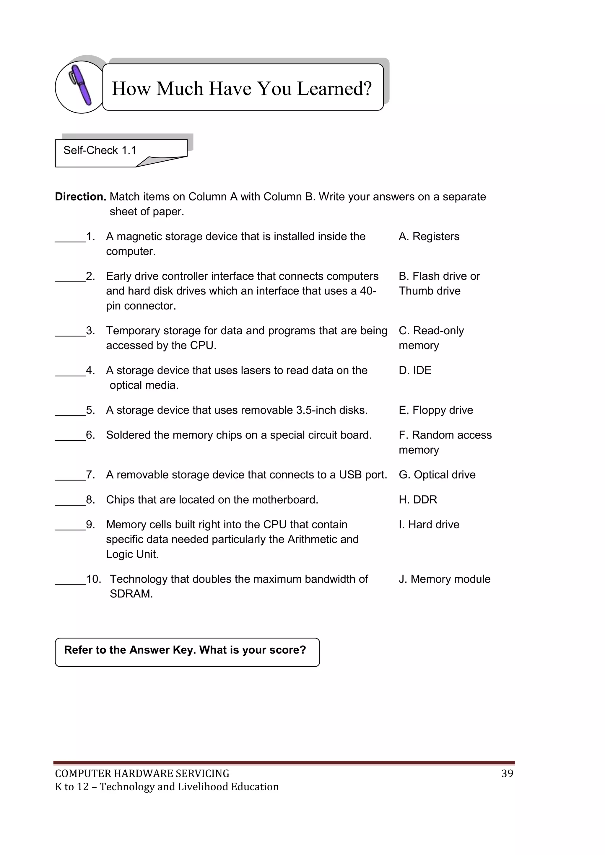 COMPUTER HARDWARE SERVICING 39
K to 12 – Technology and Livelihood Education
Direction. Match items on Column A with Column B. Write your answers on a separate
sheet of paper.
_____1. A magnetic storage device that is installed inside the
computer.
A. Registers
_____2. Early drive controller interface that connects computers
and hard disk drives which an interface that uses a 40-
pin connector.
B. Flash drive or
Thumb drive
_____3. Temporary storage for data and programs that are being
accessed by the CPU.
C. Read-only
memory
_____4. A storage device that uses lasers to read data on the
optical media.
D. IDE
_____5. A storage device that uses removable 3.5-inch disks. E. Floppy drive
_____6. Soldered the memory chips on a special circuit board. F. Random access
memory
_____7. A removable storage device that connects to a USB port. G. Optical drive
_____8. Chips that are located on the motherboard. H. DDR
_____9. Memory cells built right into the CPU that contain
specific data needed particularly the Arithmetic and
Logic Unit.
I. Hard drive
_____10. Technology that doubles the maximum bandwidth of
SDRAM.
J. Memory module
Refer to the Answer Key. What is your score?
How Much Have You Learned?
Self-Check 1.1
 