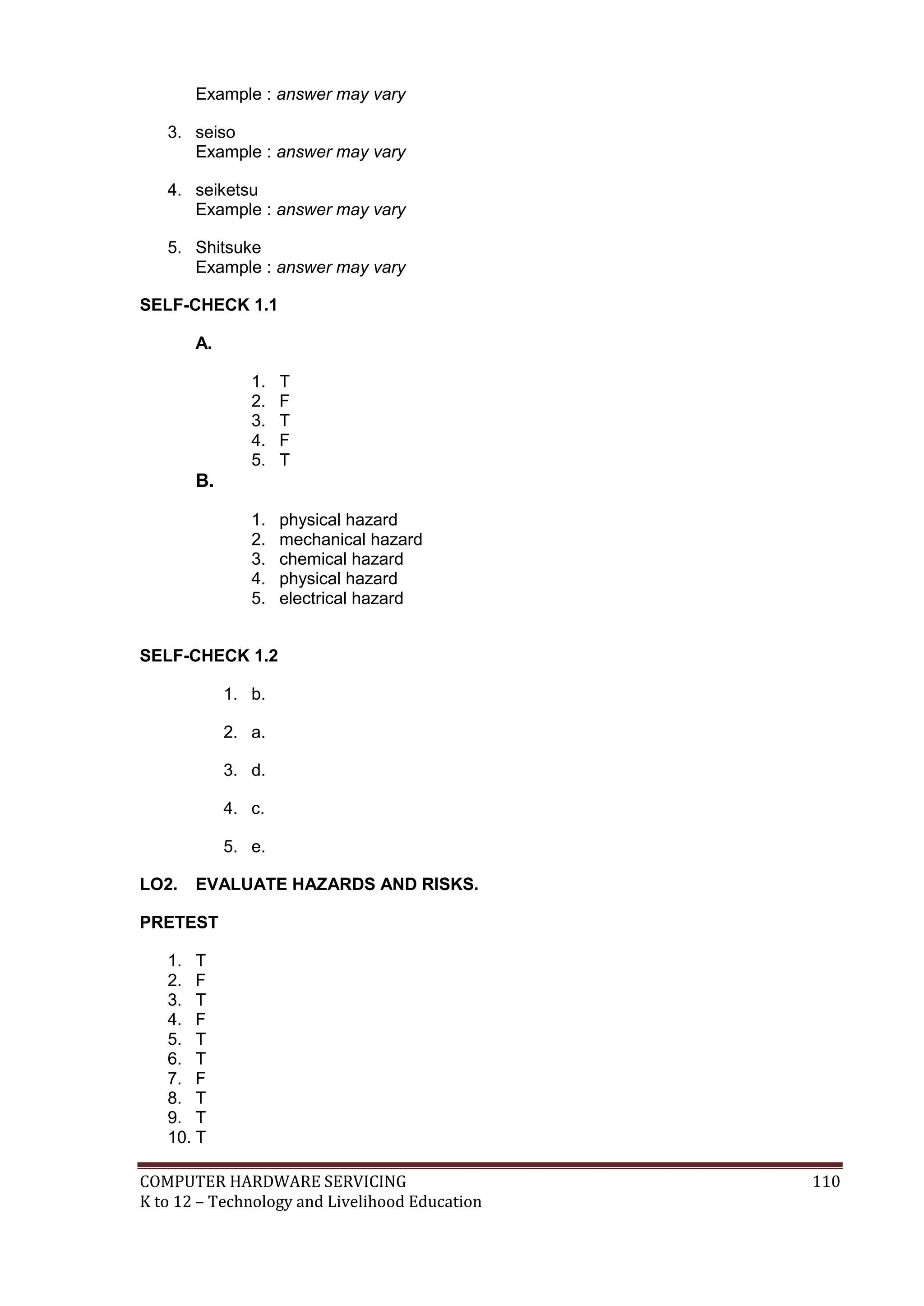 COMPUTER HARDWARE SERVICING 110
K to 12 – Technology and Livelihood Education
Example : answer may vary
3. seiso
Example : answer may vary
4. seiketsu
Example : answer may vary
5. Shitsuke
Example : answer may vary
SELF-CHECK 1.1
A.
1. T
2. F
3. T
4. F
5. T
B.
1. physical hazard
2. mechanical hazard
3. chemical hazard
4. physical hazard
5. electrical hazard
SELF-CHECK 1.2
1. b.
2. a.
3. d.
4. c.
5. e.
LO2. EVALUATE HAZARDS AND RISKS.
PRETEST
1. T
2. F
3. T
4. F
5. T
6. T
7. F
8. T
9. T
10. T
 