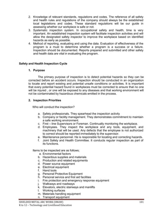 SHIELDED METAL ARC WORK (SMAW) 101
K to 12 – Technology and Livelihood Education
2. Knowledge of relevant standards, regulations and codes. The reference of all safety
and health rules and regulations of the company should always be the established
local legislations and codes. These standard regulations will be our guide in
assessing whether our workplace is safe or not.
3. Systematic inspection system. In occupational safety and health, time is very
important. An established inspection system will facilitate inspection activities and will
allow the designated safety inspector to improve the workplace based on identified
hazards as early as possible.
4. Method of reporting, evaluating and using the data. Evaluation of effectiveness of the
program is a must to determine whether a program is a success or a failure.
Inspection should be documented. Reports prepared and submitted and other safety
and health data are vital in evaluating the program.
Safety and Health Inspection Cycle
1. Purpose
The primary purpose of inspection is to detect potential hazards so they can be
corrected before an accident occurs. Inspection should be conducted in an organization
to locate and report existing and potential unsafe conditions or activities. It is important
that every potential hazard found in workplaces must be corrected to ensure that no one
will be injured , or one will be exposed to any diseases and that working environment will
not be contaminated by hazardous chemicals emitted in the process.
2. Inspection Priorities
Who will conduct the inspection?
a. Safety professionals. They spearhead the inspection activity
b. Company or facility management. They demonstrates commitment to maintain
a safe working environment.
c. First – line Supervisors or Foreman. Continually monitoring the workplace.
d. Employees. They inspect the workplace and any tools, equipment, and
machinery that will be used. Any defects that the employee is not authorized
to correct should be reported immediately to the supervisor.
e. Maintenance personnel. He is responsible for locating and correcting hazards.
f. Joint Safety and Health Committee. It conducts regular inspection as part of
its functions.
Items to be inspected are as follows;
a. Environmental factors
b. Hazardous supplies and materials
c. Production and related equipments
d. Power source equipment
e. Electrical equipment
f. Hand tools
g. Personal Protective Equipment
h. Personal service and first aid facilities
i. Fire protection and emergency response equipment
j. Walkways and roadways
k. Elevators, electric stairways and manlifts
l. Working surfaces
m. Materials handling equipment
n. Transport equipment
 