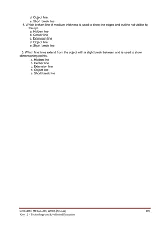 SHIELDED METAL ARC WORK (SMAW) 109
K to 12 – Technology and Livelihood Education
d. Object line
e. Short break line
4. Which broken line of medium thickness is used to show the edges and outline not visible to
the eye.
a. Hidden line
b. Center line
c. Extension line
d. Object line
e. Short break line
5. Which fine lines extend from the object with a slight break between and is used to show
dimensioning points.
a. Hidden line
b. Center line
c. Extension line
d. Object line
e. Short break line
 