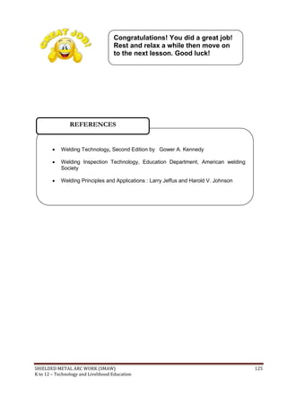 SHIELDED METAL ARC WORK (SMAW) 125
K to 12 – Technology and Livelihood Education
 Welding Technology, Second Edition by Gower A. Kennedy
 Welding Inspection Technology, Education Department, American welding
Society
 Welding Principles and Applications : Larry Jeffus and Harold V. Johnson
REFERENCES
Congratulations! You did a great job!
Rest and relax a while then move on
to the next lesson. Good luck!
 